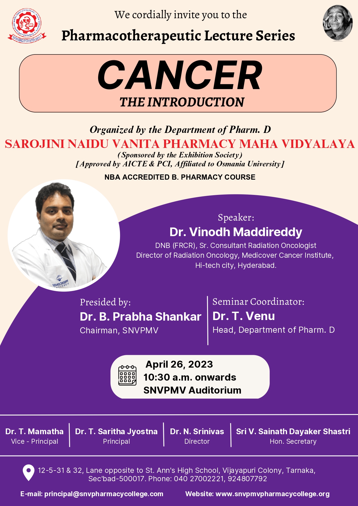 Seminar on 26-04-23  by Dr Vinodh Maddireddy